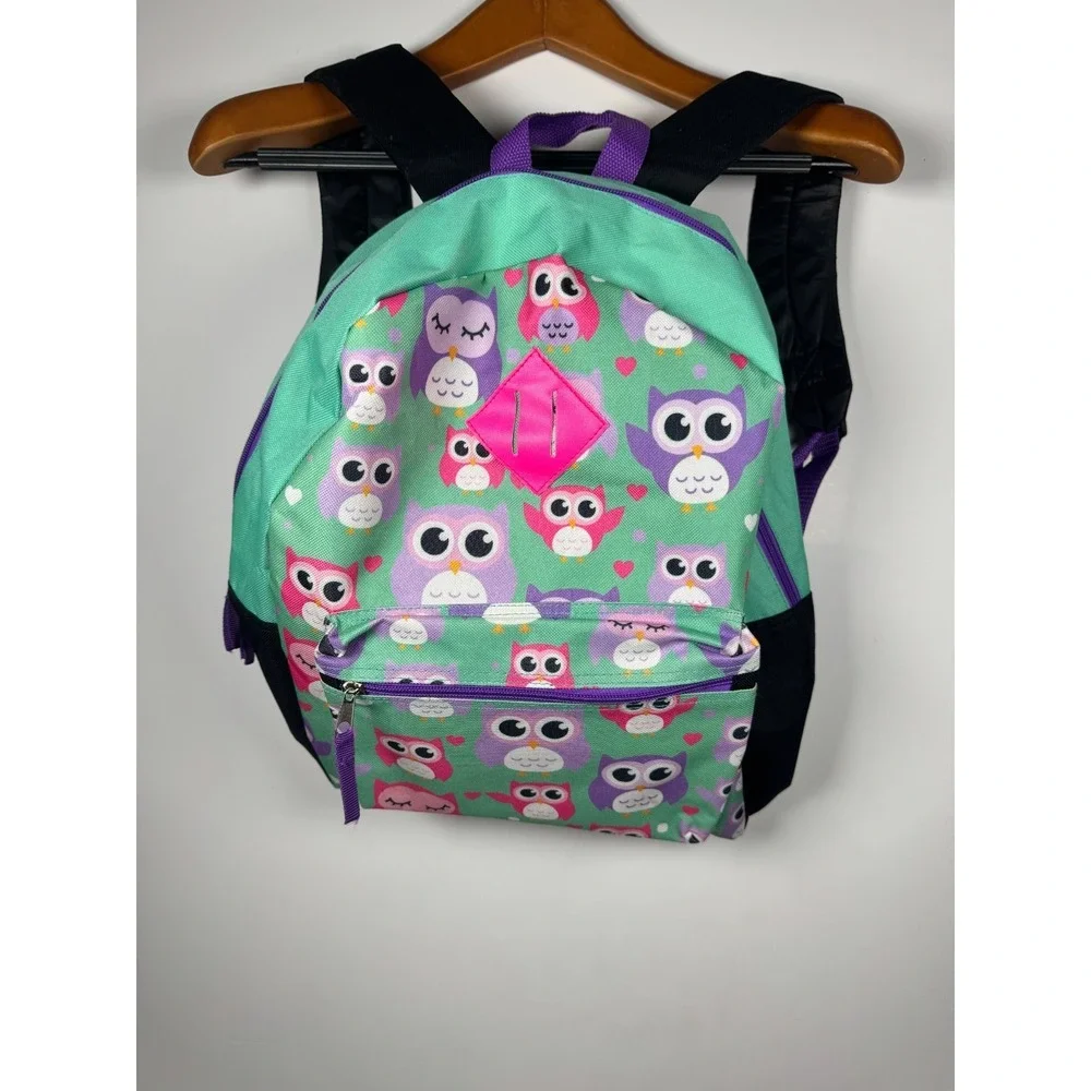 Girls Backpack‎ Multi Owl Print Zip Pocket Adjustable Padded Shoulder Straps Bag